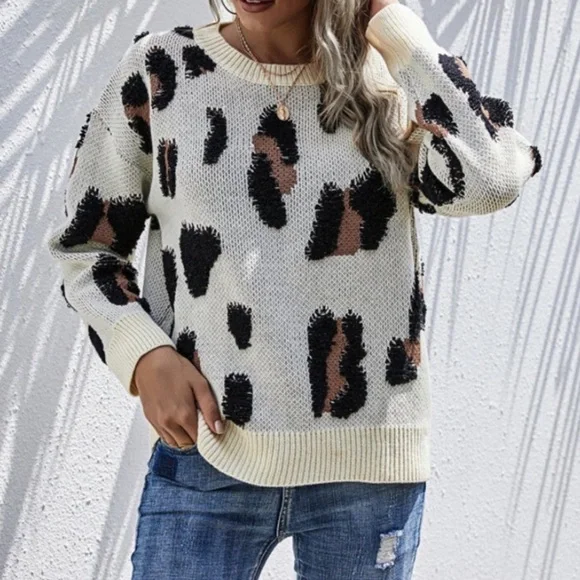 Leopard Ivory Drop Shoulder Crew Neck Sweater - Picture 6 of 7